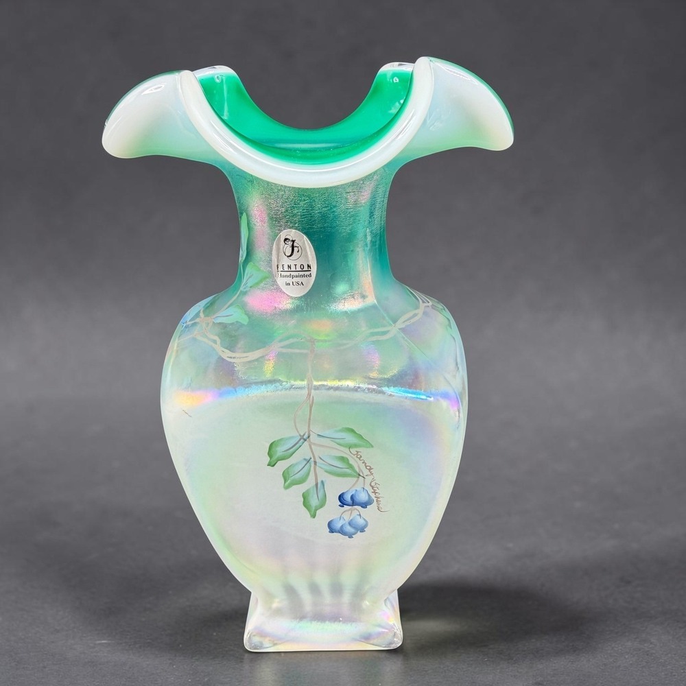 Fenton New Century XXI Green Opalescent Iridescent Hand Painted Blueberry Vase
